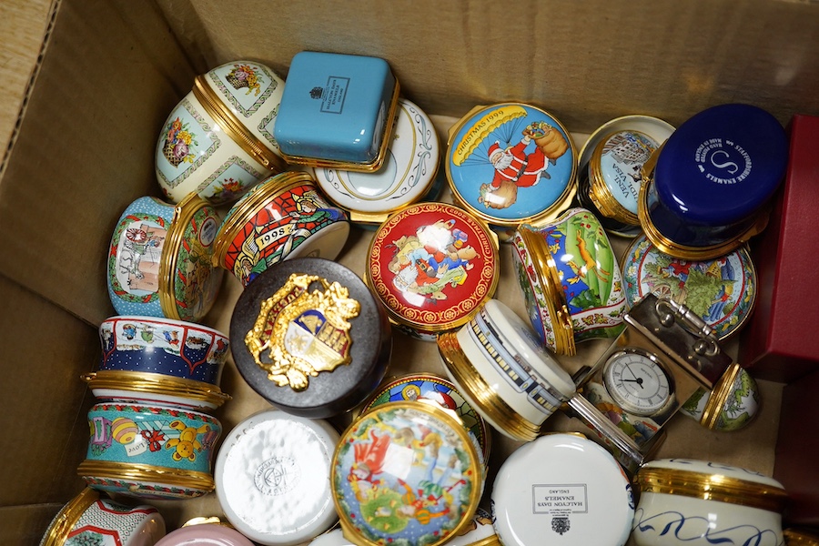 A collection of Halcyon Days enamel patch boxes, some cased. Condition - varies